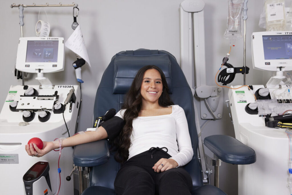 Donor in donation chair at New York Blood Center